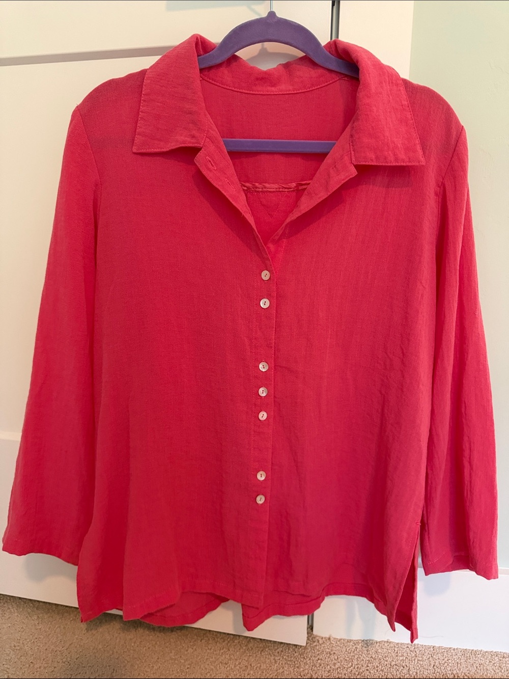 Vibrant Pink Button-Down Linen Shirt with Uniquely Spaced Pearlescent Buttons